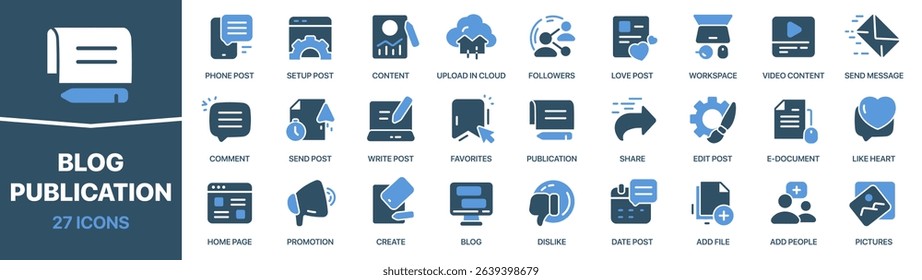 Blog and publication colored signed icon collection. Post, social media, comment, document icons. UI icon set. Colored icons pack. Vector illustration