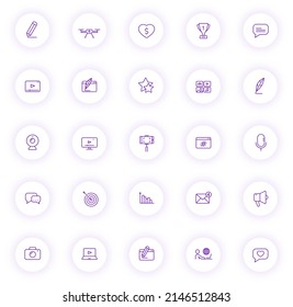 blog purple color outline icons on light round buttons with purple shadow. blog icon set for web, mobile apps, ui design and print