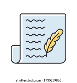 Blog RGB color icon. Writing personal diary. Feather pen symbol on sheet of paper. Quill on page. Personal diary. Novel manuscript, literature education. Isolated vector illustration