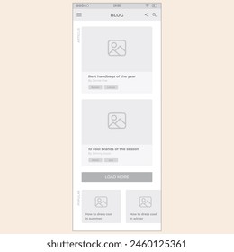 Blog Screen 1. Vector mobile wireframe editable design for mobile, with sample data and real user interface graphic details ready for ux and ui projects.
