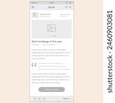 Blog Screen 3. Vector mobile wireframe editable design for mobile, with sample data and real user interface graphic details ready for ux and ui projects.