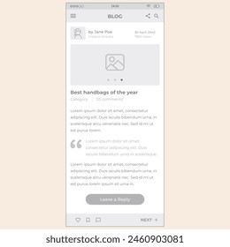 Blog Screen 3. Vector mobile wireframe editable design for mobile, with sample data and real user interface graphic details ready for ux and ui projects.