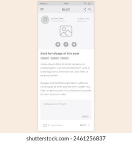 Blog Screen 4. Vector mobile wireframe editable design for mobile, with sample data and real user interface graphic details ready for ux and ui projects.