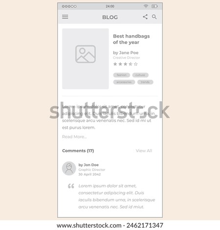 Blog Screen 6. Vector mobile wireframe editable design for mobile, with sample data and real user interface graphic details ready for ux and ui projects.