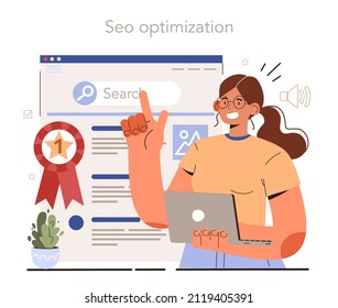 Blog SEO optimization. Idea of search engine optimization for blog promotion. Web page advertising in the internet, site audit. Vector illustration in cartoon style