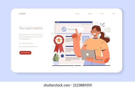 Blog SEO optimization. Idea of search engine optimization for blog promotion. Web page advertising in the internet, site audit. Vector illustration in cartoon style