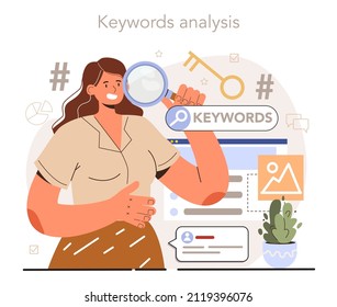 Blog SEO optimization, keywords analysis. Idea of search engine optimization for blog promotion. Web page advertising in the internet, site audit. Vector illustration in cartoon style
