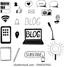 blog set icon. hand drawn doodle style. vector, minimalism, monochrome, sketch. laptop, smartphone, notepad, microphone, camera, button subscription like heart thumbs up envelope speech cloud