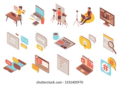 Blog set with isometric icons and compositions of communication pictograms and human characters with thought bubbles vector illustration