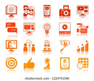 Blog silhouette icons set. Web sign kit of blogging. Blogger pictogram website content, social media, live stream. Simple vlog color contour symbol with reflection. Vector Icon shape isolated on white
