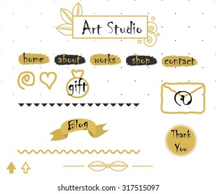 Blog template elements in gold and gray. Logo, menu buttons, mail icon, dotted seamless background and dividers for creative  bloggers. 