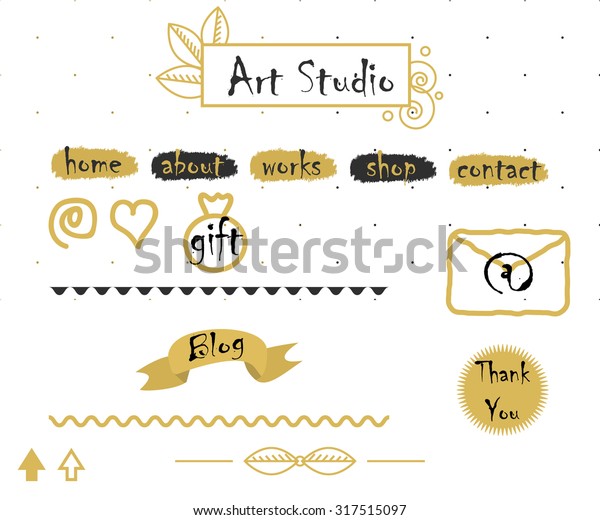 Blog template elements in gold and gray. Logo, menu
buttons, mail icon, dotted seamless background and dividers for
creative  bloggers. 