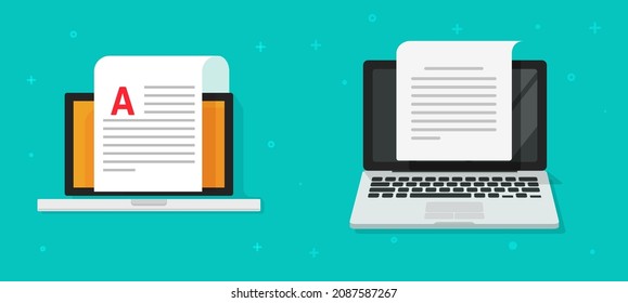 Blog text article document on computer screen icons vector or copy writing and creating media content on laptop flat cartoon illustration, digital internet online paperwork modern design  