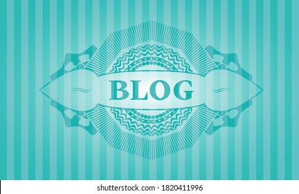 Texto del blog dentro del emblema realista turquesa. Fondo clásico de bares. Ilustración. 
