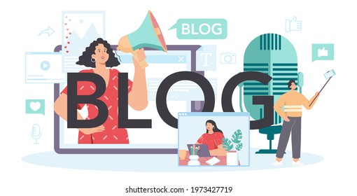 Blog typographic header. Sharing media content in the internet. Idea of social media and network. Online communication, creative occupation or hobby. Isolated flat vector illustration