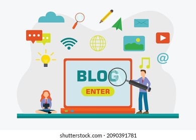 Blog vector concept. Two young people using a laptop to entering blog account while standing with social media icons background
