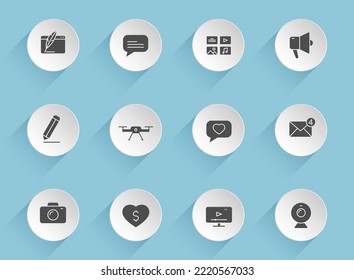 blog vector icons on round puffy paper circles with transparent shadows on blue background. blog stock vector icons for web, mobile and user interface design