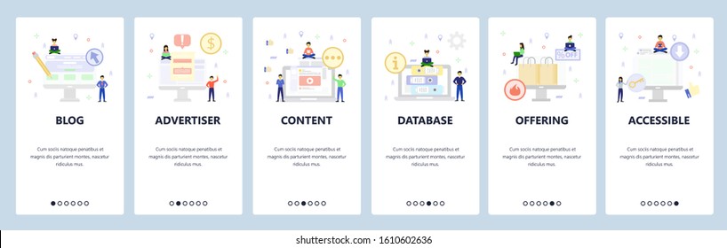 Blog and video content, online access, shopping bags. Mobile app onboarding screens. Menu vector banner template for website and mobile development. Web site design flat illustration.