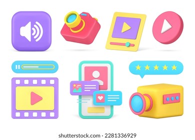 El contenido multimedia del blog vlog crea la transmisión en línea de música de vídeo conjunto Icono 3d ilustración vectorial realista. Aplicación de citas por smartphones en redes de redes sociales de Internet de comunicación en el ciberespacio