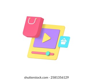 Blog vlog shopping shop store video marketing advertising 3d icon realistic vector illustration. Social media promo internet announcement online communication technology digital commercial strategy