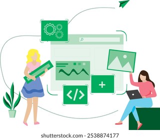 Diseñador de Web de blog y optimización SEO, ilustración de Sitio web diseño plano 