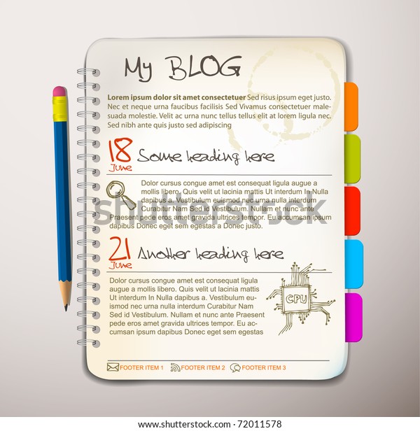 Blog web site template Open notepad with colorful bookmarks