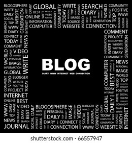 BLOG. Word collage on black background. Illustration with different association terms.