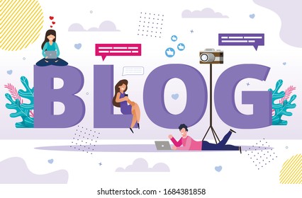 Blog Word Letters with Happy Tiny People Bloggers and Followers Using Smartphone and Laptop for Browsing, Video and Post Content Creation. Online Business E-Commerce and Communication Technology