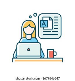 Blog writing blue RGB color icon. Freelancer, social media blogger, rewriter, online publishing, post author. Blogging, website constant content filling. Isolated vector illustration