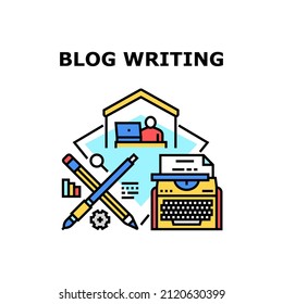 Blog writing content. article write. creative computer. author test. media laptop vector concept color illustration