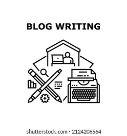 Blog writing content. article write. creative computer. author test. media laptop vector concept black illustration