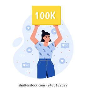 Blogger with 100k subscribers. Woman holding golden sign with one hundred thousand followers. Popular personality and famous blogger. Content creator and influencer. Flat vector illustration