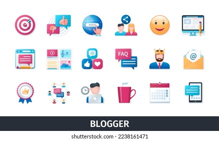 Blogger 3d vector icon set. Blogging, social media, internet, like, computer, email, post, content, mobile phone, schedule, followers, faq, share. Realistic objects in 3D style