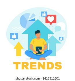 Blogger analyzing future trends flat vector web banner template. Internet vlogger forecasting Internet tendencies. SMM, SEO, digital marketing strategy, business analytics. Man using social networks