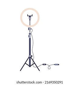 Blogger arc led lamp for game streaming or blogging, flat vector illustration isolated on white background. Gamer or streamer light equipment, device for video record.