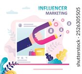 Blogger attracts likes and new subscribers. Advertising of products in profile. Human hand uses magnet and attracting followers. Concept of influencer marketing and social media. vector illustration