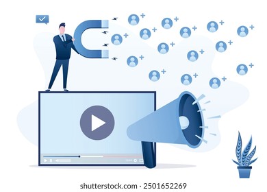 Blogger attracts new followers and subscribers. Video marketing online concept, businessman leader working with viral content using magnets and megaphone to advertising customer.