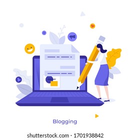Blogger or author standing near laptop computer, holding giant pencil and writing new post for social media. Concept of online blogging and microblogging. Modern flat colorful vector illustration.