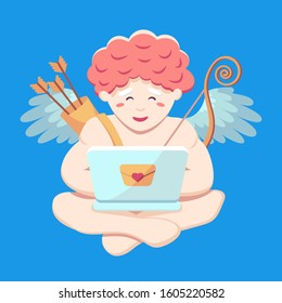 Blogger baby cupid carefully answers incoming letters and send vibes of love in a laptop and sits cross-leggedly relaxed on blue background isolated.  Vector illustration for St. Valentine's Day