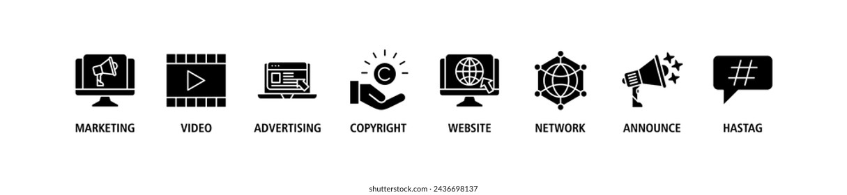 Blogger banner web icon set vector illustration concept with icon of marketing, video, advertising, copyright, website, network, announce, hashtag