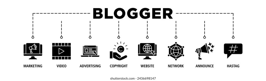 Blogger banner web icon set vector illustration concept with icon of marketing, video, advertising, copyright, website, network, announce, hashtag