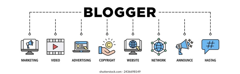 Blogger banner web icon set vector illustration concept with icon of marketing, video, advertising, copyright, website, network, announce, hashtag