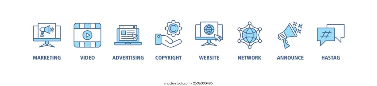 Blogger banner web icon set vector illustration concept with icon of marketing, video, advertising, copyright, website, network, announce, hashtag icons symbol live stroke editable