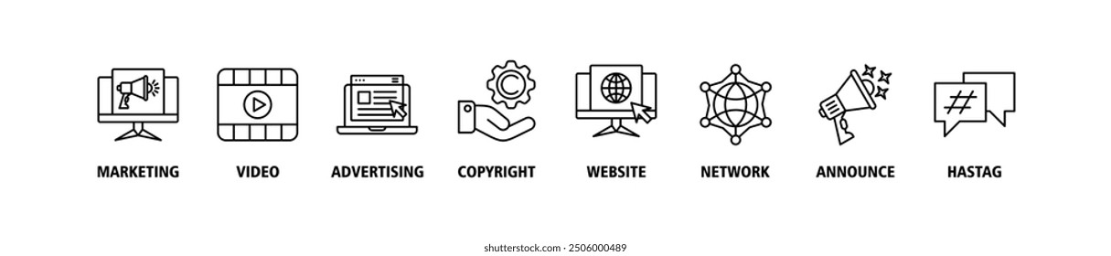 Blogger banner web icon set vector illustration concept with icon of marketing, video, advertising, copyright, website, network, announce, hashtag icons symbol live stroke editable