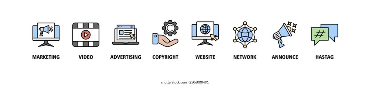 Blogger banner web icon set vector illustration concept with icon of marketing, video, advertising, copyright, website, network, announce, hashtag icons symbol live stroke editable