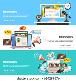 Blogger banners collection with doodle style image compositions and social network icons with read more button vector illustration