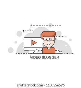 Blogger and bloggin. Illustration thin line design of vector doodles, infographics elements.Video Blogger. Vlogging. Infographic design.