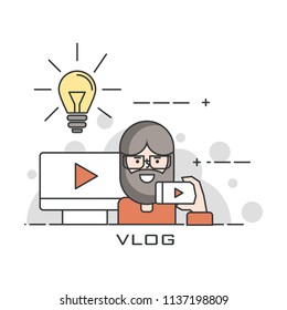Blogger and bloggin. Illustration thin line design of vector doodles, infographics elements.Video Blogger. Vlogging. Infographic design.Vlog.