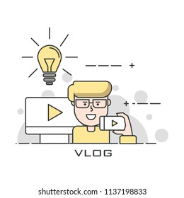 Blogger and bloggin. Illustration thin line design of vector doodles, infographics elements.Video Blogger. Vlogging. Infographic design.Vlog.