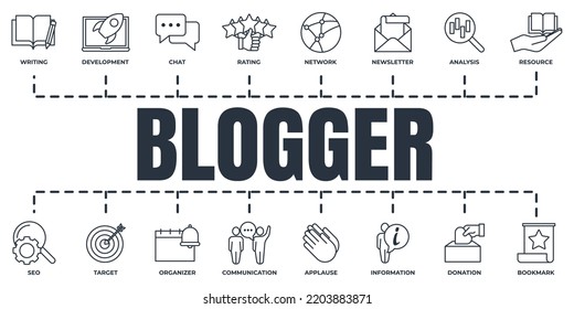 Blogger, blogging banner web icon set. rating, donation, organizer, applause, network, seo, writing and more vector illustration concept.